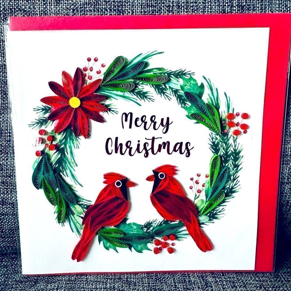 Christmas Cardinal Wreath Holiday Quill Card Greeting Card